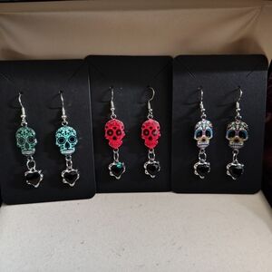 Day of the Dead Skull Dangle Earrings - Teal, Pink, Multi